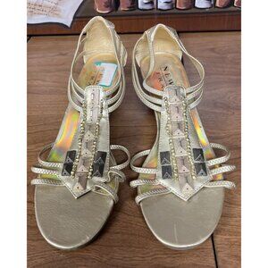 New York Transit Gold Wedge Sandals Rhinestone Embellishments Strappy Design